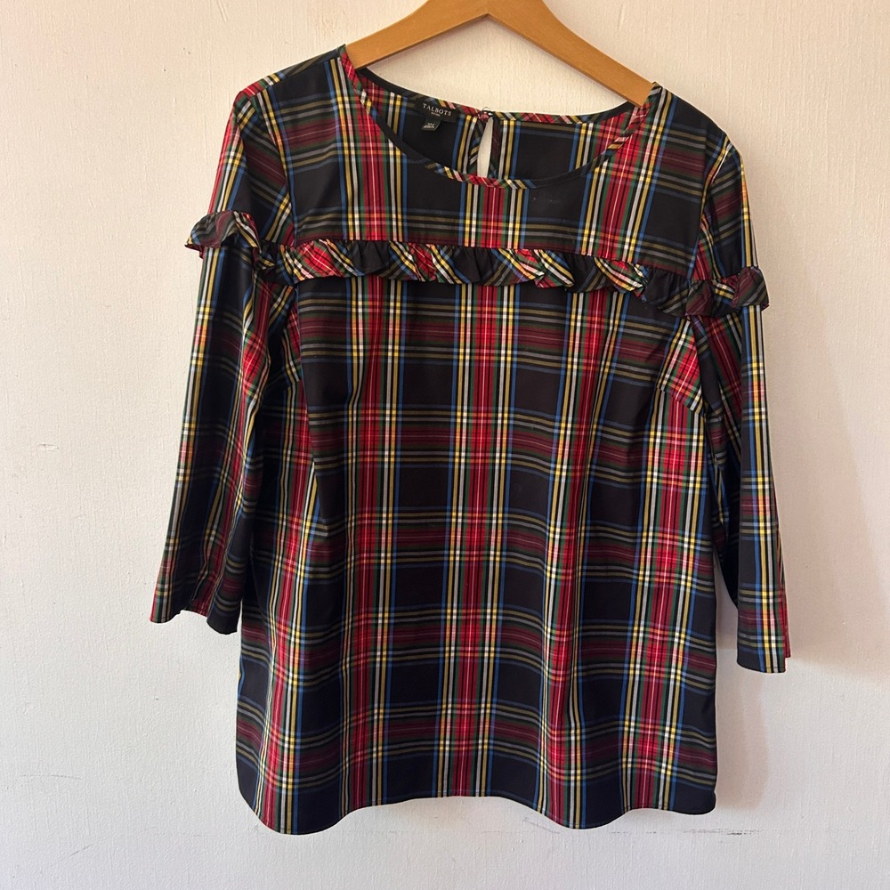 Talbots Blouse Women XLP Black Plaid Ruffle 3/4 Sleeve Holiday Preppy Old Money